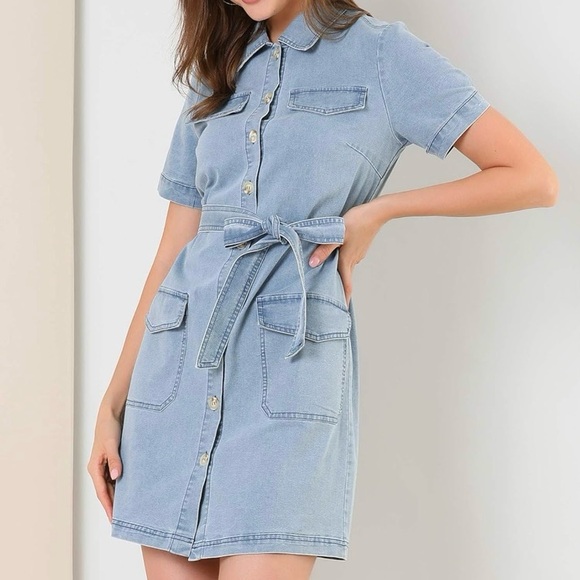 NEW Denim Light Blue Belted Shirtdress Western Cowgirl Chambray Jean Dress Large - Picture 14 of 16